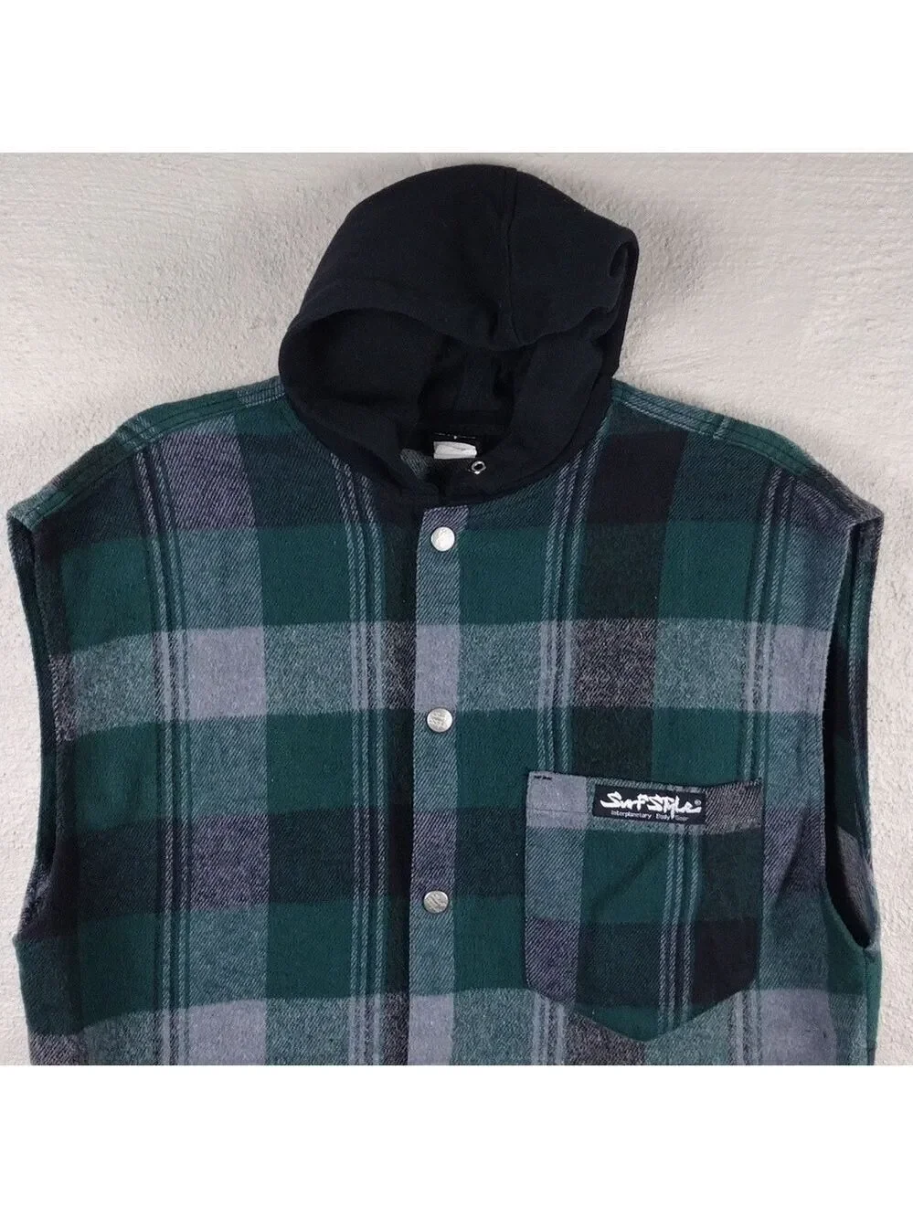 Surf Style Interplanetary Body Gear Green Windowpane Plaid Hooded Snap Up Vest